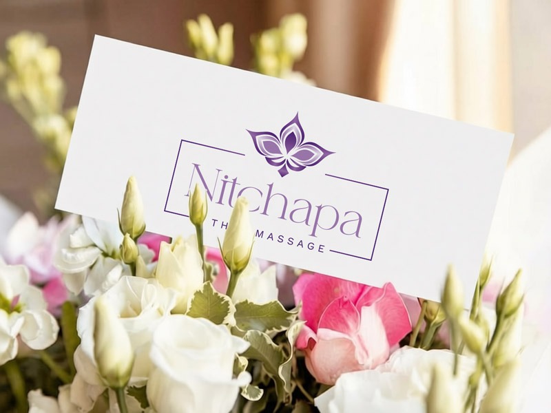 Ein Gutschein mit dem Logo von Nitchapa steckt in einem Blumenstrauß